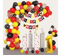 127PCS Mouse 1st Birthday Party Decorations, Red Black Yellow Balloon Garland, Birthday One Banner, Mouse Theme Foil Fringe Curtain and 1 Balloon For Boys Girls first Bir-thday Party Decorations