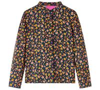 (128) Kids' Shirt with Band Collar Children's School Girls' Shirt Floral Print Navy