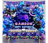 128PCS Gaming Birthday Party Decorations with Party Balloon Aluminum Foil Ball Table Cloth Backdrop Birthday Banners Cake Topper Gaming Decor Gamer Decorations Boys Supplies