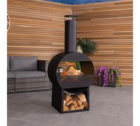 CHARLES BENTLEY 129cm Outdoor, Garden, Patio, Black Powder Coated Steel Modern Patio Heater, Chimenea, Wood And Charcoal Burner, With Poker, Log Storage, Contemporary Design, In Black (129x55x40cm)