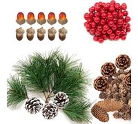 129Pcs Artificial Pine Picks Christmas Pine Needles with Red Berries Pines Cones,Christmas Natural Pines Cones Berry Acorns Stems Decor Bouquets for Craft,Garden,Xmas Flower Arrangements Wreaths Decor