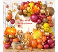 129pcs Autumn Balloon Garland Arch Kit with Orange Yellow Wine Red Brown Gold Balloons Maple Leaf Pine Cones Pumpkin Foil Balloons for Thanksgiving Fall Birthday Baby Shower Party Decorations