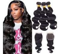 12A Brazilian Human Hair Body Wave 3 Bundles with Closure 100% Unprocessed Remy Hair with Lace Closure Natural Color
