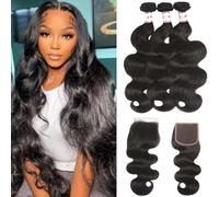 12A Brazilian Human Hair Bundles Body Wave 3 Bundles with Lace Closure 4x4 Free Part 100% Unprocessed Remy Human Hair Bundles with Closure Wet and Wavy Double Weft Natural Color (141618+14)