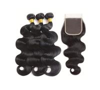 12A Human Hair Bundles with Closure Brazilian Body Wave 3 Bundles with 4x4 HD Lace Closure Hair Weave Wear and Go(16 16 16 with 14)