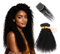 12A Kinky Curly Human Hair Bundles with Closure Human Hair,10 12 14+10 Inch