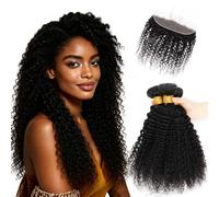 12A Kinky Curly Human Hair Bundles with Frontal HD Lace 5x5, 14 16 18+12″
