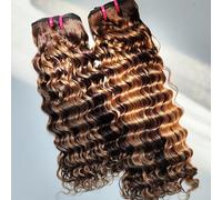 12A Piano Color Deep Wave Curly Double Drawn Human Hair Bundles Short Curly Weave Unprocessed Brazilian Human Hair Extensions Full Head, #P4/27,16inch/4 * 4closure