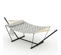 12ft Double Hammock with Stand, 450Lbs Garden Hammock with Pillow, Chains | Large Free Standing Hammock with Wooden Spreader Bar＆T-Shaped Bracket, Easy to install, Light Grey