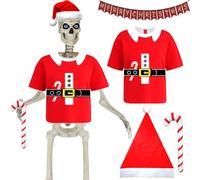 12Ft Giant Skeleton Costume Accessories Set with Extra Large Shirt Santa Hat Inflatable Candy Cane Banner Skully 12Ft Skeleton Clothes Outfits for Big Skelly Christmas Outdoor Garden Lawn Decor