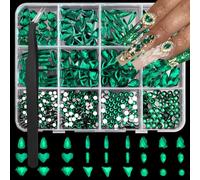 12Grid Green Nail Gems Big Glass Green Nail Charms Emerald Crystal Flatback Nail Jewels 3D Multi Shape Size Stones Diamonds Nail Rhinestones Clear Round Beads Gems for Nails Faces Eyes Makeup Crafts