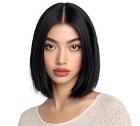 12inch Black Bob Wigs for Women,Short Straight Middle Part Shoulder Length Synthetic Wig for Daily Use Fluffy and Natural