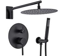 12inch Brass Shower Set System, Bathroom Wall Mounted Concealed Shower Tap with Round 30cm Rainfall Overhead and Handheld Shower Head, Brass Hot&Cold Mixing Diveter Valve, Matte Black