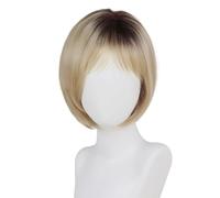 12inch Layered Mid-length Bob Wig with Bangs, Straight Auburn Highlighted Synthetic Wigs for White Women for Daily Party(Ombre Blonde)