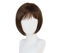12inch Layered Mid-length Bob Wig with Bangs, Straight Auburn Highlighted Synthetic Wigs for White Women for Daily Party Fluffy and Natural(Mixed Brown)