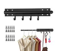 12inch Pull Out Valet Rod for Closets Heavy Duty Space Saving Slide Out Clothes Hanger With 4 Hooks Adjustable Wardrobe Rail for Hanging Clothes Hats Belts(Black)
