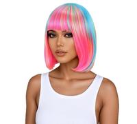 12inch Rainbow Ombre Wigs for Womens with Bangs,Straight Colorful Bob Synthetic Wig for Daily Use Fluffy and Natural