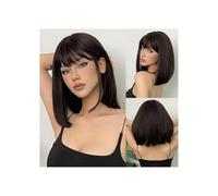 12inch Short Straight Synthetic Wig Natural Bangs Bob, Hair Women's Halloween Cosplay Full Head Cover Adds Volume(Black)