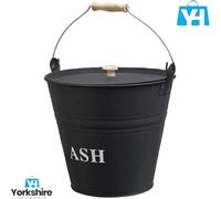 12L ASH BUCKET - Black Powder-Coated Cast Iron with Lid and Wooden Grip Handle - Fireside Scuttle