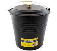 12L Black Metal Ash Bucket - Wooden Handle Fireplace Container Coal Storage, Wooden Handle & Lid | Log Holder | Living Room, Fireplace, Fire Pit Wood Burning Stove Bin, Includes Lid