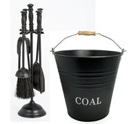 12L Coal Bucket & 16" Fireside Companion Set - Black Cast Iron 5 Piece Fireplace Tools with Stand, Poker, Brush, Tongs & Shovel - Traditional Fire Stove Accessories for Hearth & Log Burners