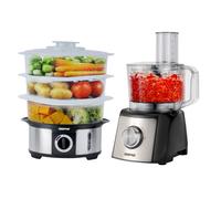 12L Food Steamer 3 Tier & 1200W Compact Food Processor Combo Set Geepas Silver One Size