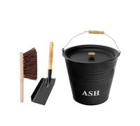 12L Metal Ash Bucket with Lid, Brush & Shovel - Steel Coal Holder with Wooden Handle for Fireplace, Fire Pit, BBQ, Wood Burning Stove & Hearth - Ash Bin Storage Container Set