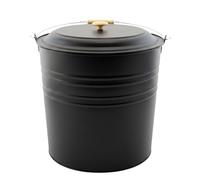 12L Metal Ash Bucket with Lid & Shovel - Black Coal Bucket Fireside Storage Bin, Heavy Duty Fireplace Ash Container, Wide Opening Log Burner Coal Scuttle with Wooden Handle, Heat Resistant