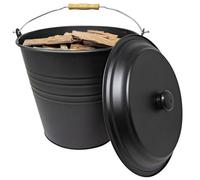12 Litre Black Metal Ash Bucket - Wooden Handle Fireplace Container Coal Storage, Wooden Handle & Lid Handle | Log Holder | Living Room, Fireplace, Fire Pit Wood Burning Stove Bin, Includes Lid