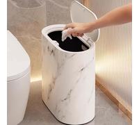 12L Push Button Bathroom Trash Can with Lid, Plastic Marble Wood Pattern Narrow Waste Bin for Home, Office, Hotel, Dog Proof Garbage Bin (Wood Grain)
