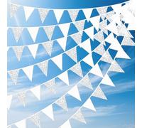 12M White Cotton Lace Fabric Bunting Banner, 42Pcs Reusable Triangle Flags Garland for Wedding Birthday Baby Shower Nursery Garden Outdoor Festivals Party Decorations
