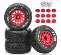 12mm/14mm/17mm Hex RC Wheels and Tires RC Truck Tires 1/10 Scale Tyres Hex Detachable Replacement for Arrma Senton Slash Axial Redcat Rc4wd Fury (Red C)