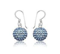 12MM WOMENS Sparkly Pave Glitter/Disco Ball Sterling Silver Dangly/Dangle Drop Hook Earrings for Women Ladies Girls - Round Silver Earrings - BLUE LIGHT SAPPHIRE