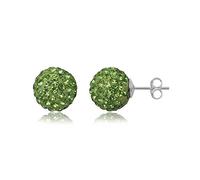 12MM WOMENS Sparkly Pave Glitter/Disco Ball Sterling Silver Stud Earrings/Ear Studs for Women Ladies Girls - Round Silver Earrings - GREEN PERIDOT