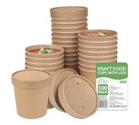 12oz (350ml) Kraft Soup Containers with Lids [100 Pack] - Leakproof Disposable Food Pots | Compostable Freezer & Microwave Safe Takeaway Containers, Soup Cups, Ice Cream Tubs for Hot Food & Desserts