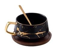 12oz Ceramic Stone Like Tea Cup with Wooden Saucer Ceramic Coffee Cup Cappuccino Cup Elegant Gold Inlay Fashion Stone Pattern for Women. Mugs to Decorate (Black, 15x15x10cm)