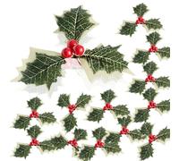 12P Fake Christmas Holly Sprigs Green Holly Leaves Branches with Red Berry,Holly Leaves Christmas Pine Artificial Berry Stems Decor,Xmas Foliage Berries Holly Bouquets for Craft Flower Wreaths Decor