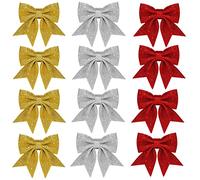 12P Silver Red Gold Bows for Xmas, Christmas Wreaths, Sequin Ornaments for Tree & Wreath Decorations