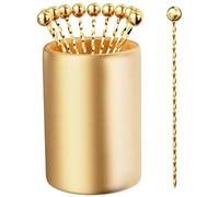 12Pack Metal Cocktail Picks + Holder Kit, Premium 304 Stainless Steel Cocktail Toothpicks,Reusable Skewers,Garnish Picks, Martini Picks for Olives Appetizers Fruit (12 Threads Golden)