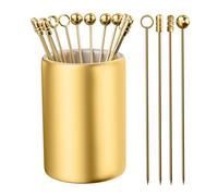 12Pack Metal Cocktail Picks + Holder Kit, Premium 304 Stainless Steel Cocktail Toothpicks,Reusable Skewers,Garnish Picks, Martini Picks for Olives Appetizers Fruit (4 Styles Golden)
