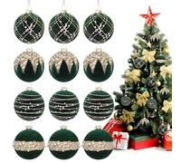 12PC 2.4IN/6CM Premium Velvet Christmas Balls - Luxury Glitter Hanging Set, Red/Green Tree Decorations (Green)