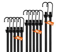 12pc Black Bungee Cords with Metal Hooks - Assorted Lengths Elastic Straps for Luggage, Cargo, Camping and Outdoors - Industrial Strength Rubber Ropes Set