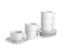 12pc Classic White Porcelain Stacking Teacup & Saucer Set - 200ml Argon Tableware White One Size