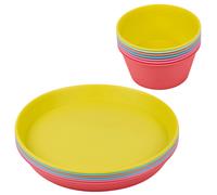 12pc Colorful Reusable Plastic Kids Picnic Party Bowls & Plates Set