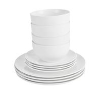 12PC Dinnerware Porcelain White Set: 4 Dinner Plates, 4 Side Plates & 4 Bowls. Dishwasher & Microwave Safe.