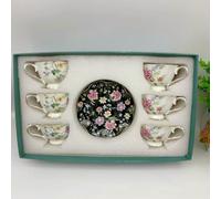 12pc European Style Floral Afternoon Tea, Concentrated Pumpkin Coffee Cup and Plate, Gift Box Set 90ml (Black 90ml)