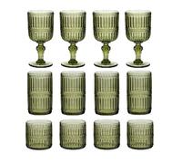 12pc Glassware Set Green Dishwasher Safe Vintage Style Embossed Glass Set | Wine Glasses, Wine Goblets, Highball Glasses, Tumblers, Ribbed Glass, Drinkware Set, Glassware, Alfresco Dining