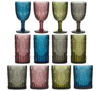 12pc Glassware Set of 4 Goblet Wine Glasses, Highball Glasses & Tumblers | Dishwasher Safe, Coloured Glass, Blue, Grey, Green, Pink, Drinking Glasses, Embossed Finish, Alfresco Dining