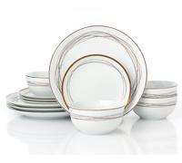 Waterside 12pc Gold Sparkle Porcelain Dinner Set; 4 Dinner Plates, Side Plates and Deep Bowls