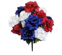 12pc Stems Artificial Veined Satin Rose Flowers Bush Red/White/Blue Hydrangea (Blue, One Size)